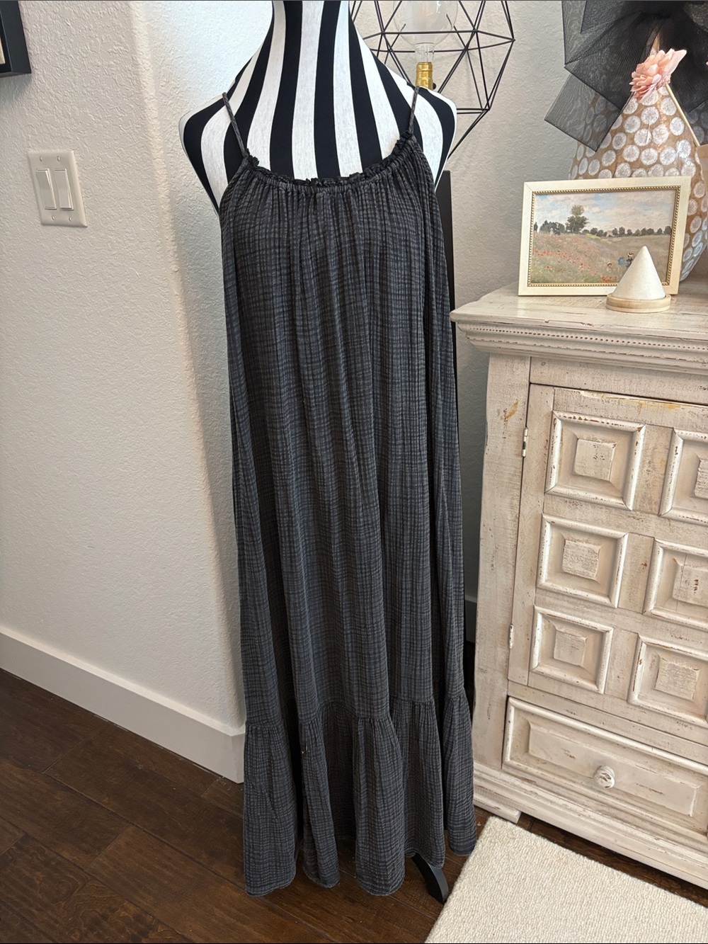 Anthropologie Black Textured Maxi Dress with Spaghetti Straps NWOT